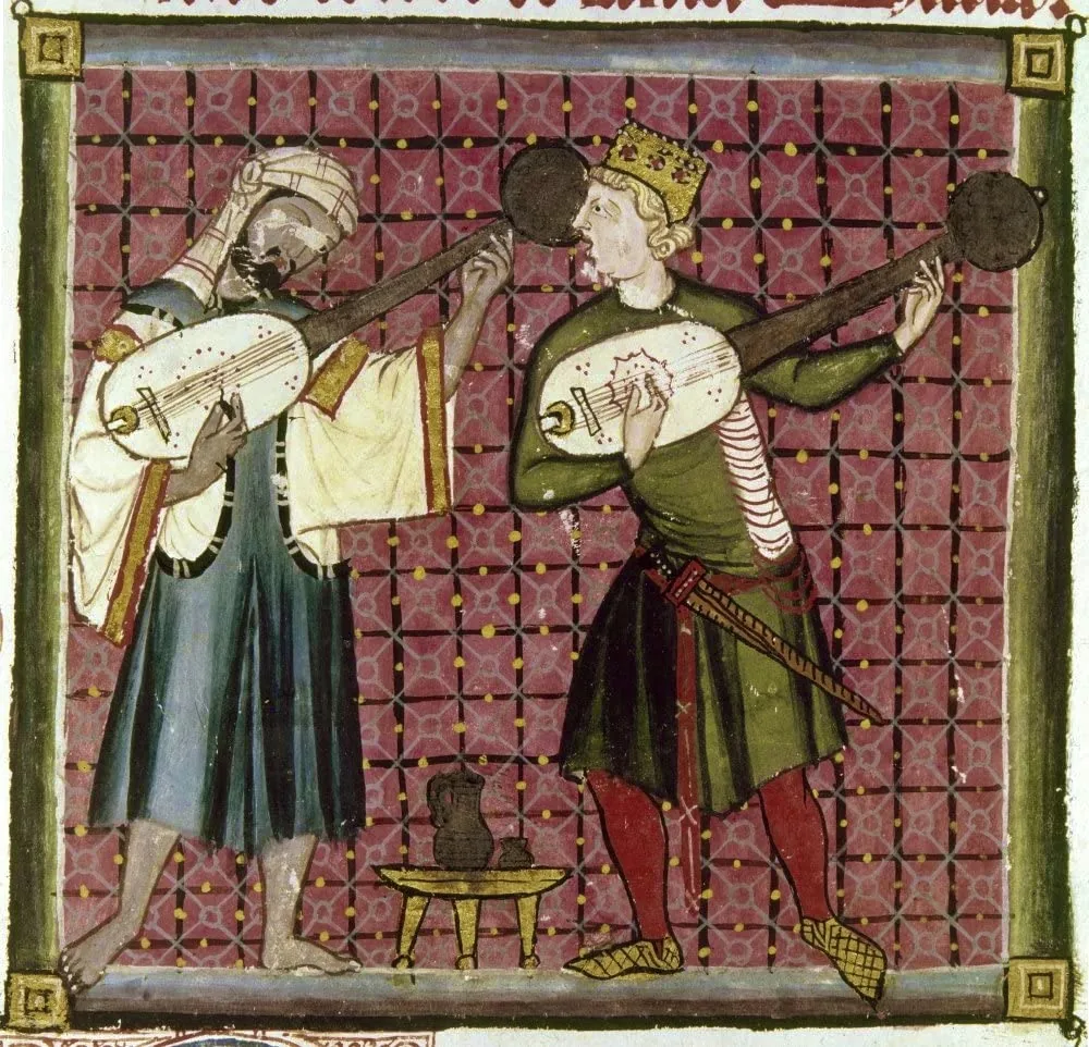 En middelalderlig illumination af europæiske og islamiske musikere, der spiller strengeinstrumenter, fra Cantigas de Santa María